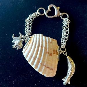 Fantasy seashells bracelet with silver charms fish moon heart toggle clasp